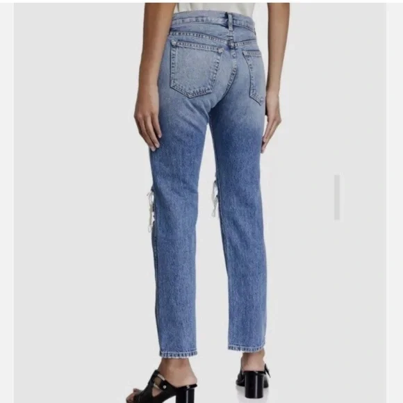KHAITE Straight stovepipe jeans in blue Rigid Denim Distressed Women 26 New